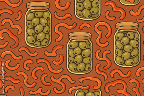 Seamless pattern with jars of green olives and red pepper slices