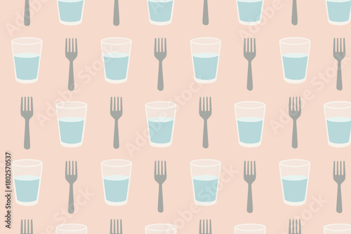 Seamless pattern with forks and water glasses on pastel background