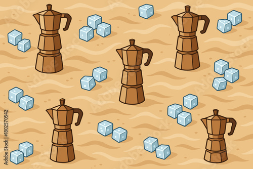 Seamless moka pots and ice cubes on sandy textured background