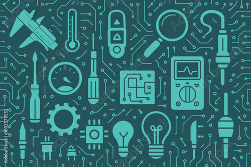 Seamless pattern of electronic tools and circuit board icons