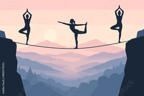 Yoga poses on tightrope over mountains at sunrise