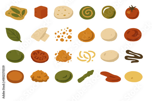 Textured icon set of vegan toppings and plant-based ingredients