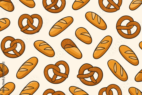 Cartoon seamless pattern of baguettes and pretzels