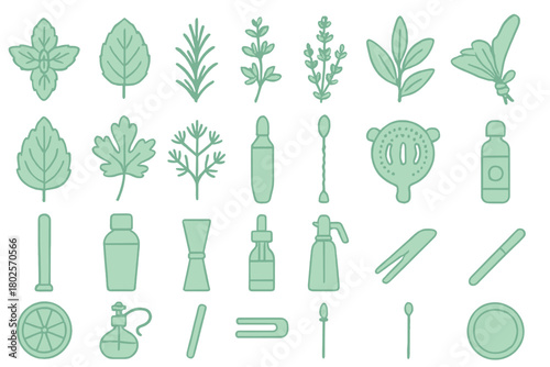 Green herbal and bartending icon set on soft gradient background