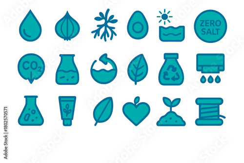 Blue eco-friendly and organic product icon set on teal background