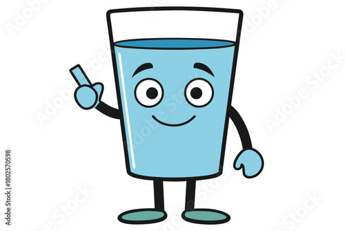 Glass of water character stands with a cheerful face and an upraised finger