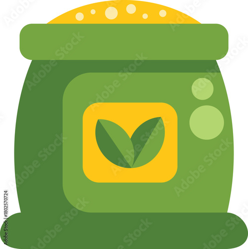 Green open sack with bio fertilizers for plants and flowers is standing on white background