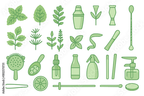 Herbal and bartending icon collection on vivid green background