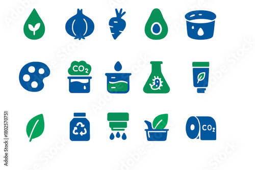 Glowing green and blue icons for organic products and eco science