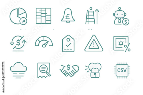 Set of teal business and finance icons on gradient background