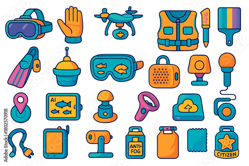 Colorful smart snorkeling and ocean tech icon set
