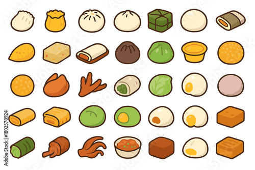 Dim sum and Asian snack icons in warm tones