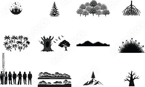 Diverse nature and people silhouettes moon stars