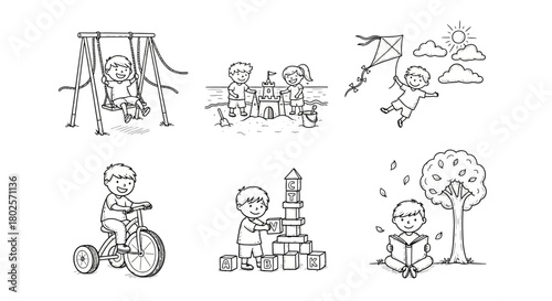 Children's playtime: whimsical black and white doodles of kids enjoying outdoor activities