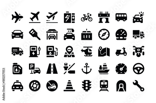 Set of Transportation and Vehicles Black Glyph Icons Isolated on White Background Exactly 100 Char