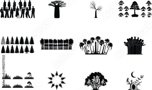 Diverse Silhouettes Of People And Nature trees baobab