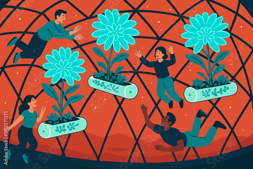 Astronauts float near glowing flowers in Mars dome habitat