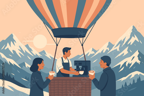 Coffee bar in hot air balloon with snowy mountain view