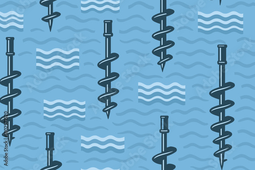 Seamless pattern of ice augers with stylized frozen waves