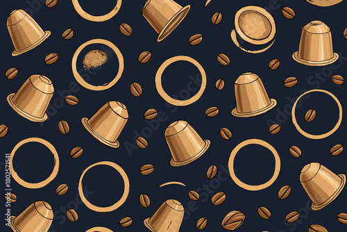Seamless pattern with coffee capsules, beans, and ring stains