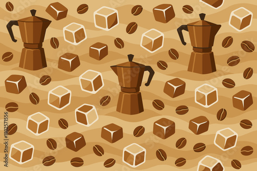 Seamless coffee pattern with moka pots, beans, and sugar cubes