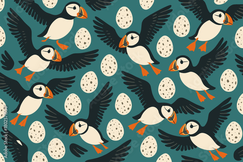 Seamless pattern of flying puffins with eggs on teal background