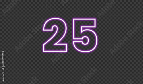 Bright neon number 25 sign glowing purple on transparent background