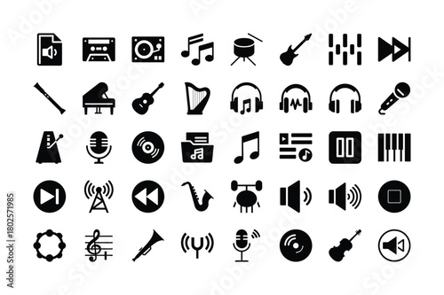 Musical instrument and sound vector icons in glyph design style hundred only