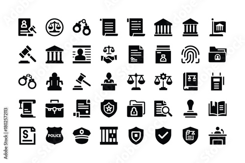 Law justice and court vector icons in glyph design style exactly hundred characters
