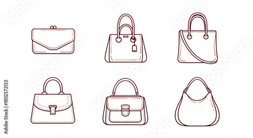 Elegant outline handbag set featuring six modern designs in linear style