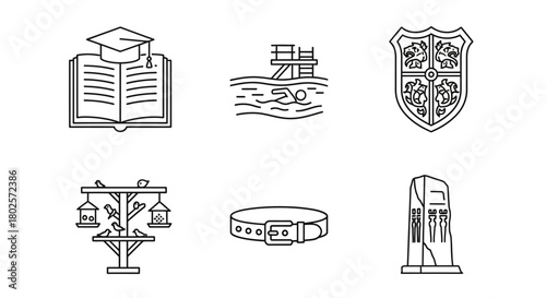 Collection of thin line icons including graduation, lifeguard, crest, bird feeder, collar, monument