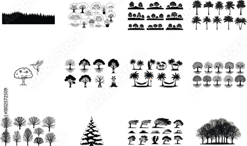 Diverse tree silhouettes and nature scenes forest palm