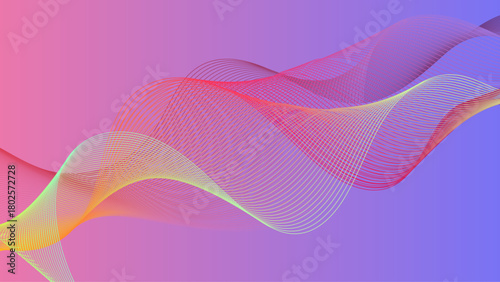 Flowing gradient wave lines with smooth blend effects. Abstract wavy line blend element for design. Digital frequency track equalizer. Colorful, shiny wave with lines created using the blend tool.