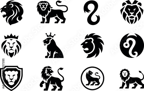 Collection of diverse lion logo designs in minimalist black silhouette style