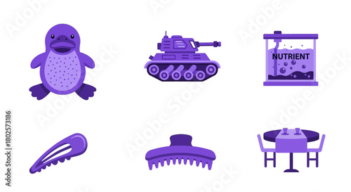 Purple themed collection featuring penguin, tank, fish tank, hair clips, and dining table