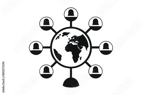 Globe surrounded by abstract figures indicates international relationships and connectivity worldwide for everyone