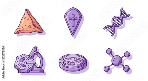 Science and culture icons in hand-drawn style with dim sum, dna, and sacred symbols