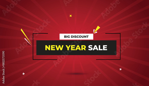 new year big sale web banner vector design template badge icon label black gray white yellow shapes bold text dark red light sun shine abstract business background discount offer promotion special