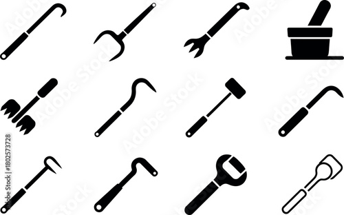 Collection of silhouette tools and implements in black and white