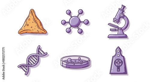 Science and microbiology icons in hand-drawn style featuring triangle, molecule, microscope