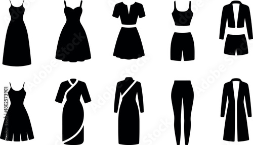 Collection of stylized black silhouette fashion garments and apparel illustrations