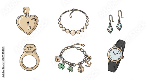 Elegant collection of jewelry accessories in flat design with heart pendant and quartz watch