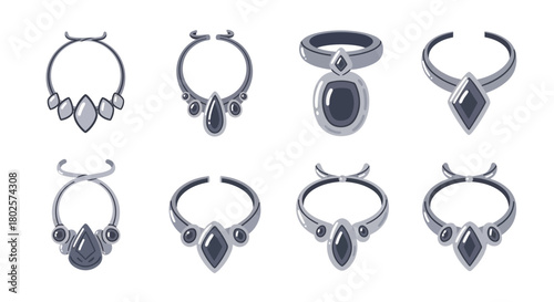 Elegant silver jewelry collection highlighting ornate gemstone necklaces and rings in flat design