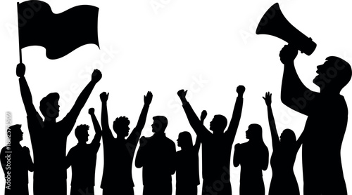 Crowd of Silhouetted People Protesting with Flag and Megaphone illustration