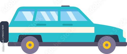 Modern turquoise suv car with spare wheel on back door isolated on white background