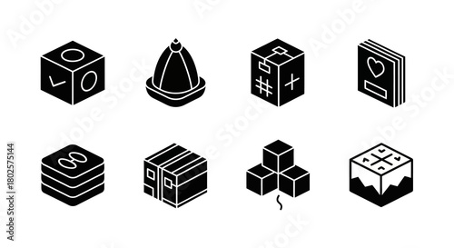 Minimalist black cubes with various symbols in geometric shapes
