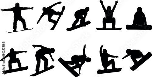 Silhouette collection of people performing snowboard tricks in various dynamic poses