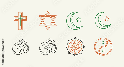 Linear religious symbols: cross, star, crescent, om, dharma wheel, yin yang