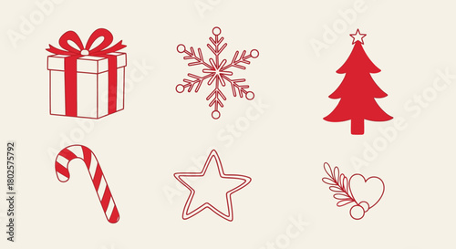 Red christmas icons featuring gift, snowflake, and candy cane on beige background