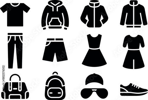 Various clothing and accessories set in flat style black color